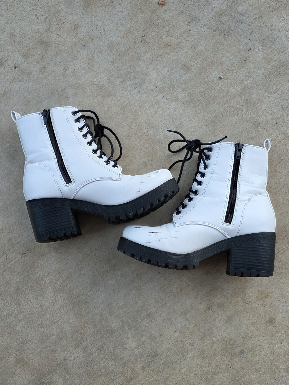 White Lace-Up Chunky Heel Combat Boots